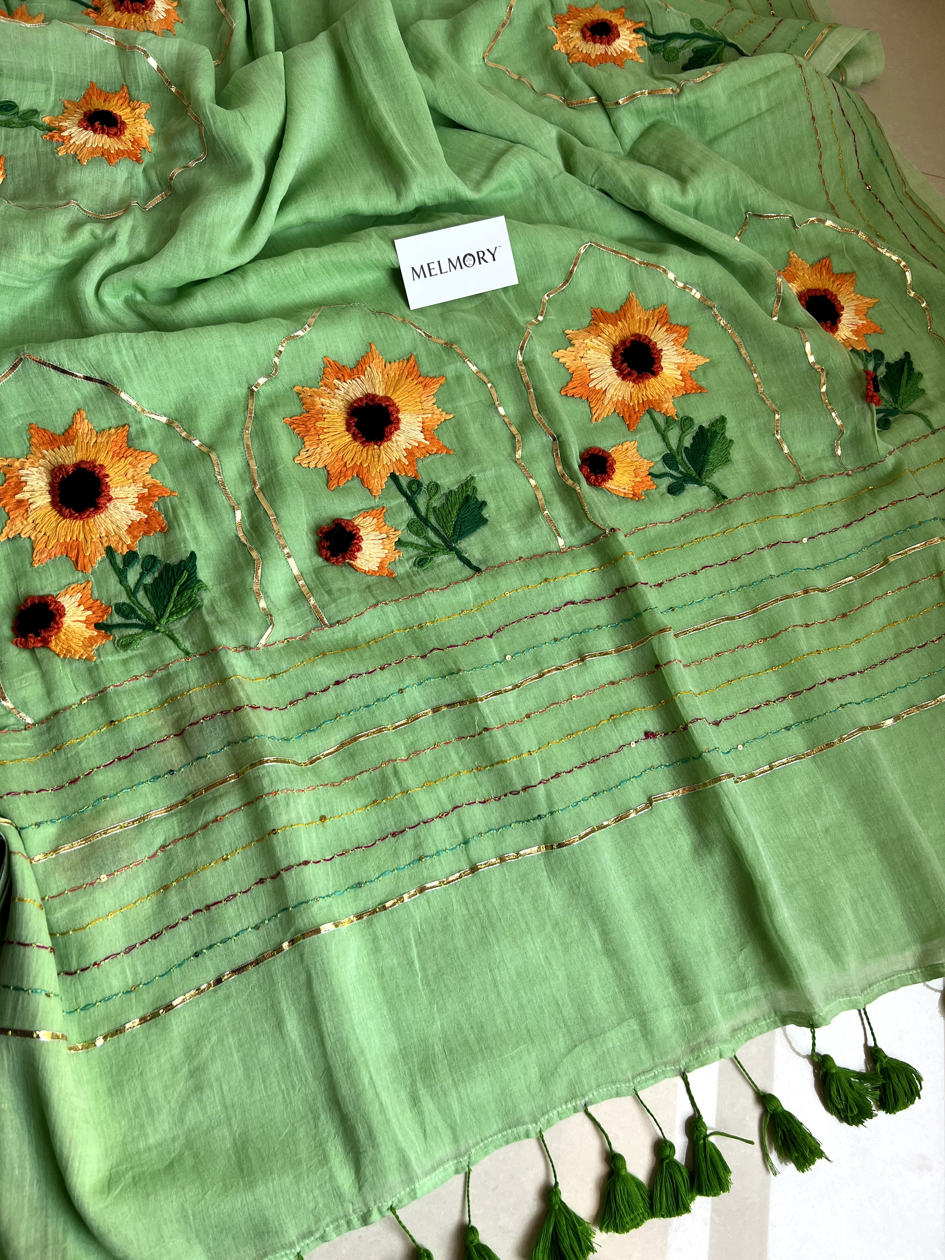 Sunflower Handstitched Embroidery Mul Saree - Light Pistachio Green