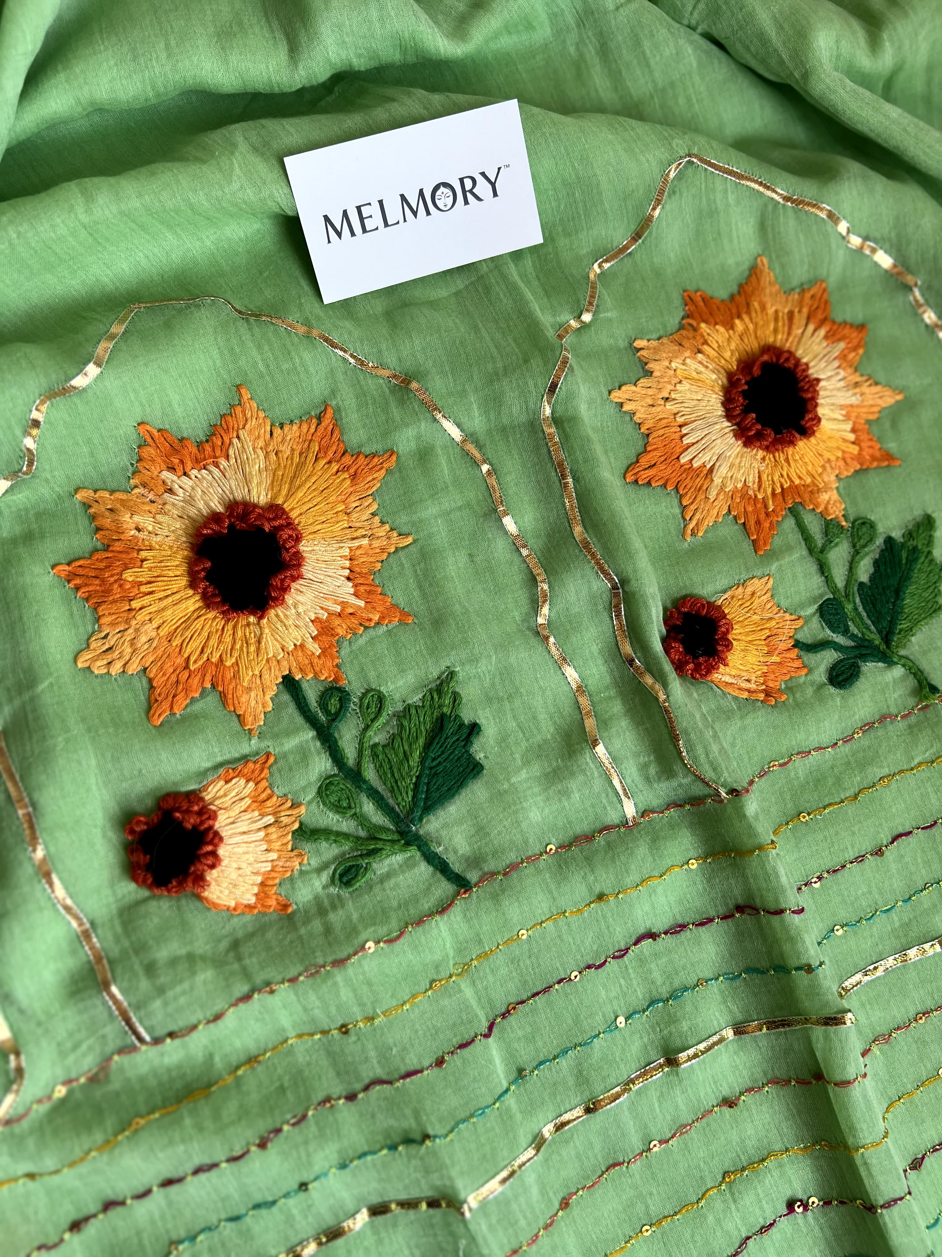 Sunflower Handstitched Embroidery Mul Saree - Light Pistachio Green
