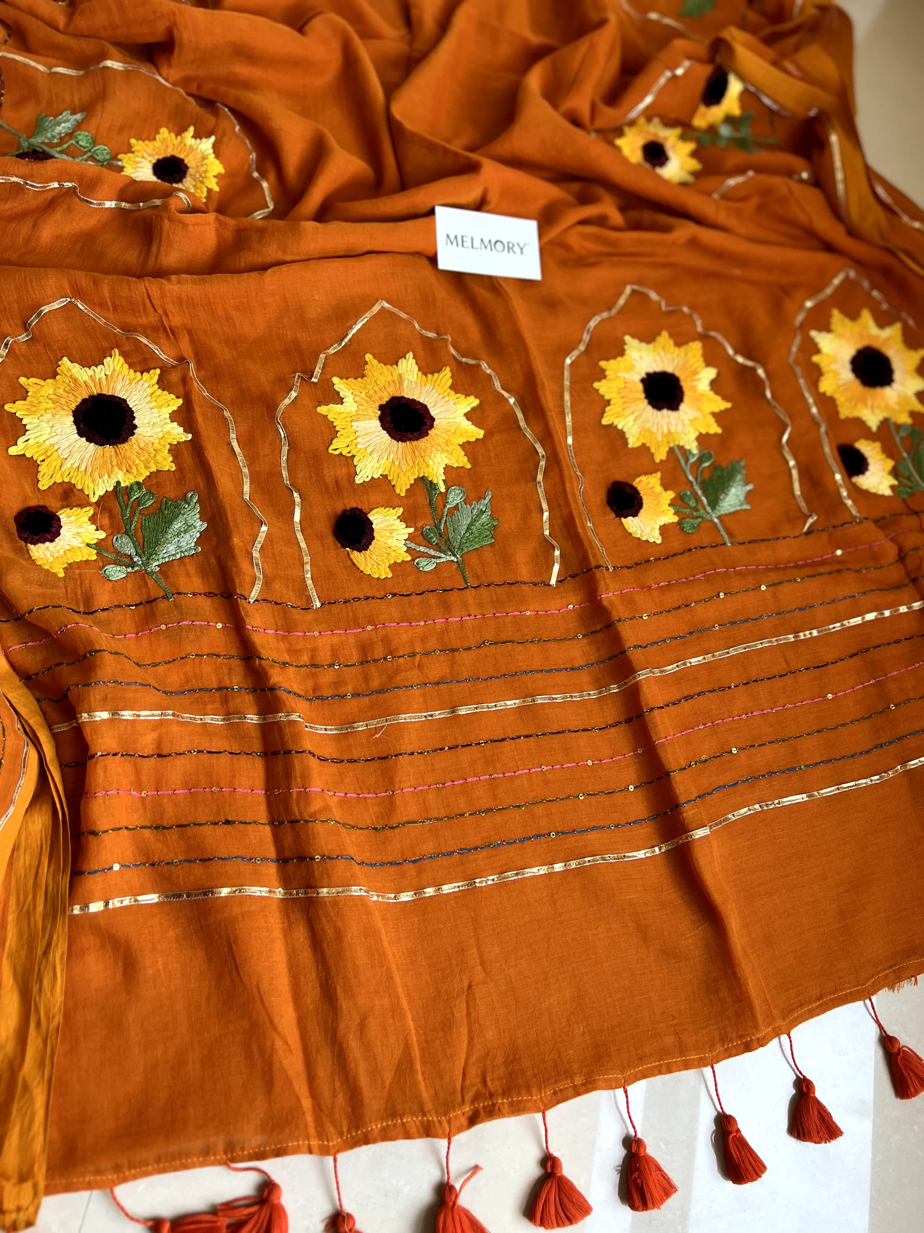 Sunflower Handstitched Embroidery Mul Saree - Pumpkin Orange