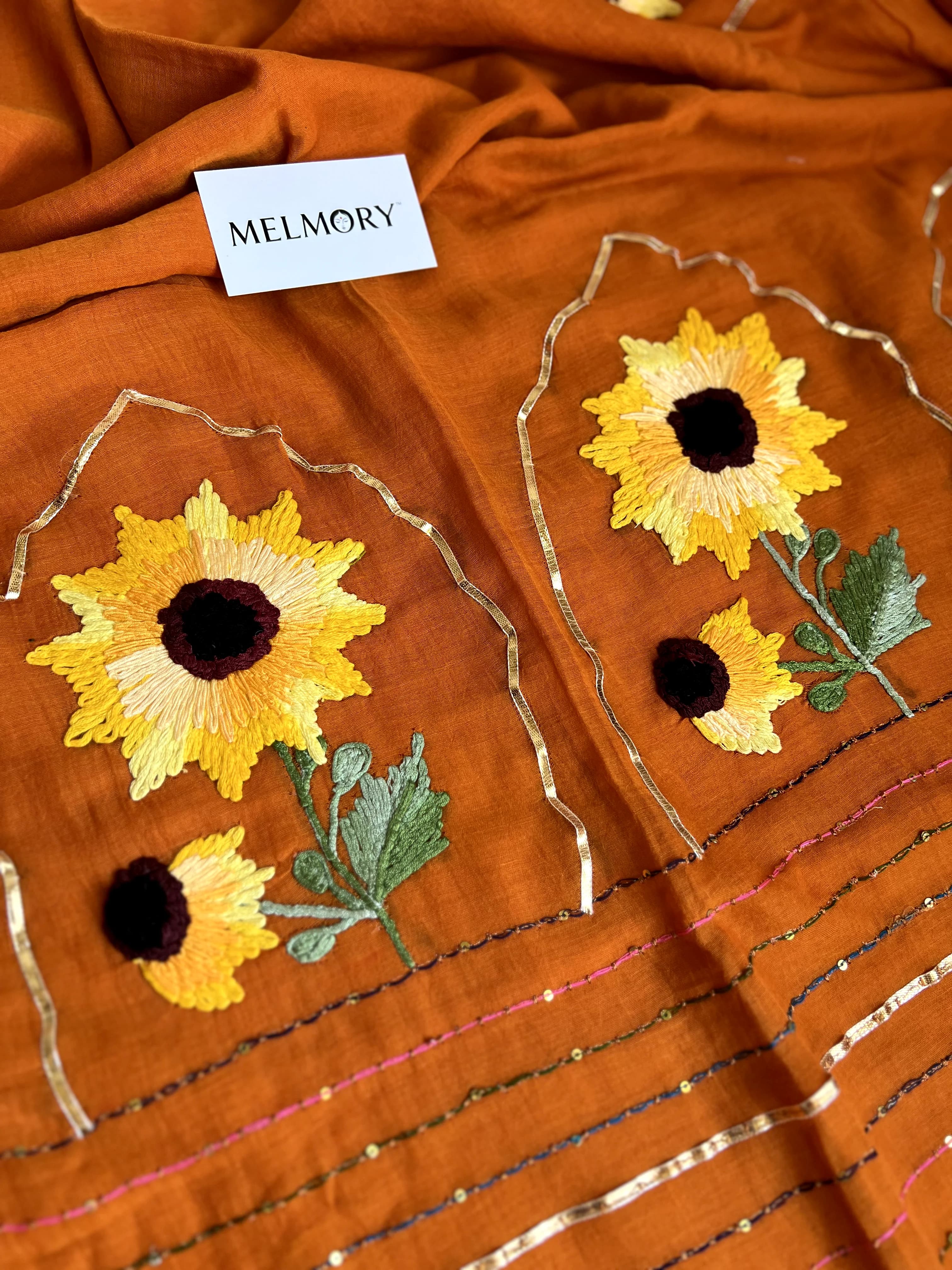 Sunflower Handstitched Embroidery Mul Saree - Pumpkin Orange