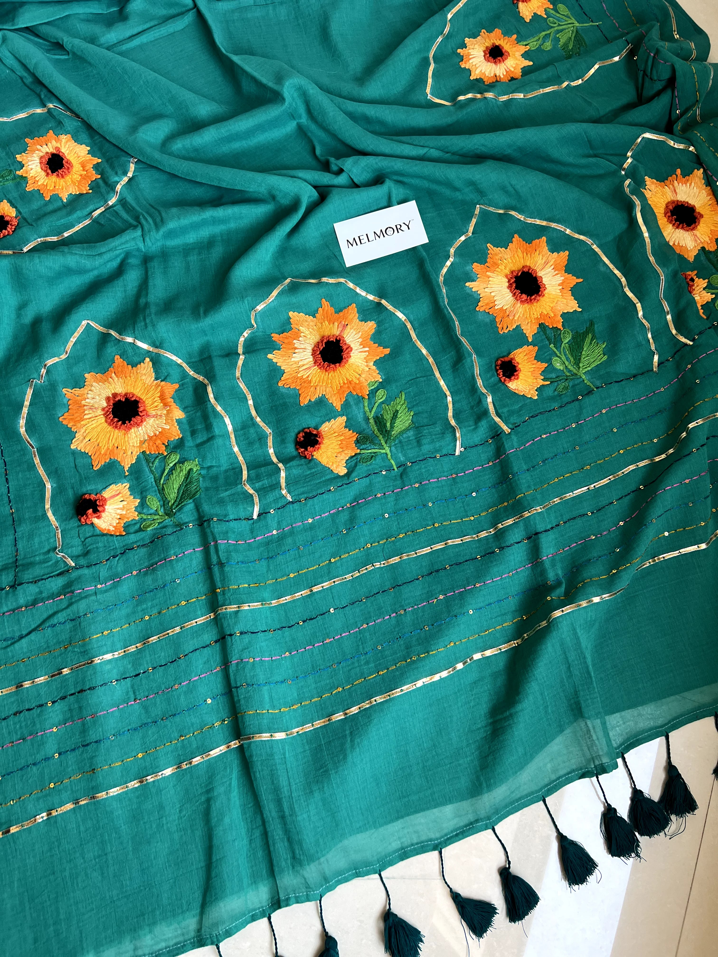 Sunflower Handstitched Embroidery Mul Saree - Teal Green