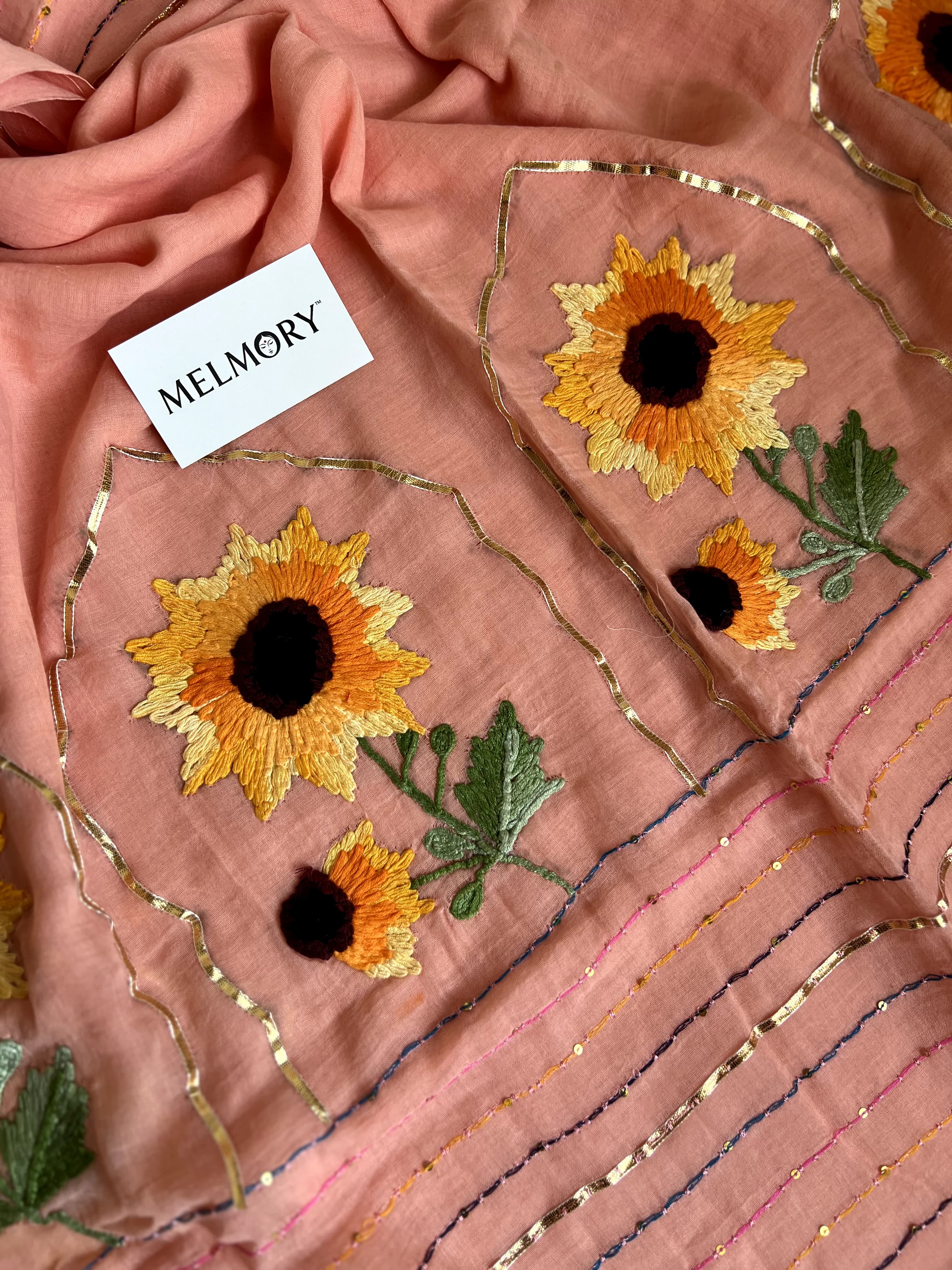 Sunflower Handstitched Embroidery Mul Saree - Soft Peach