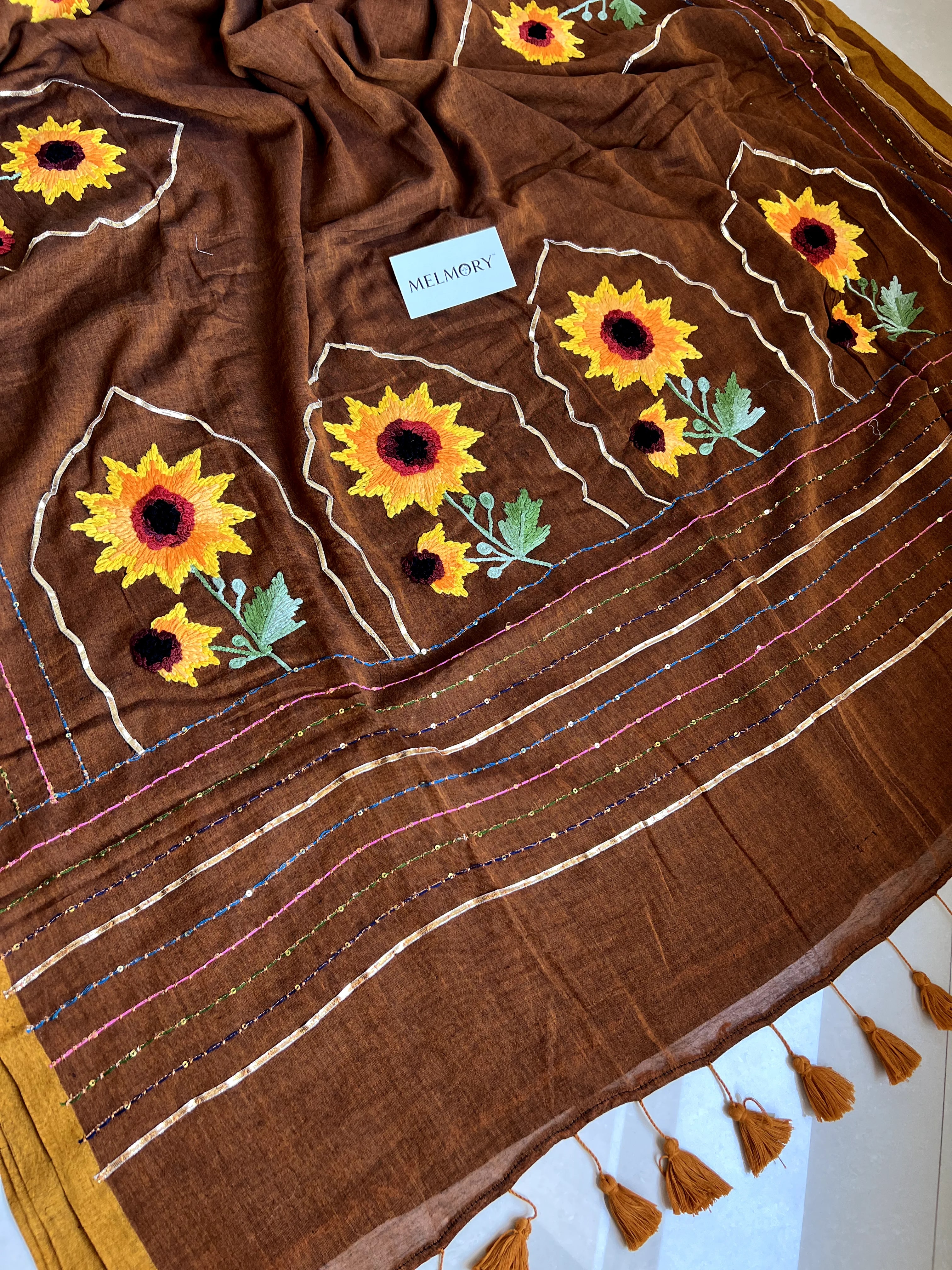 Sunflower Handstitched Embroidery Mul Saree - Rust Brown