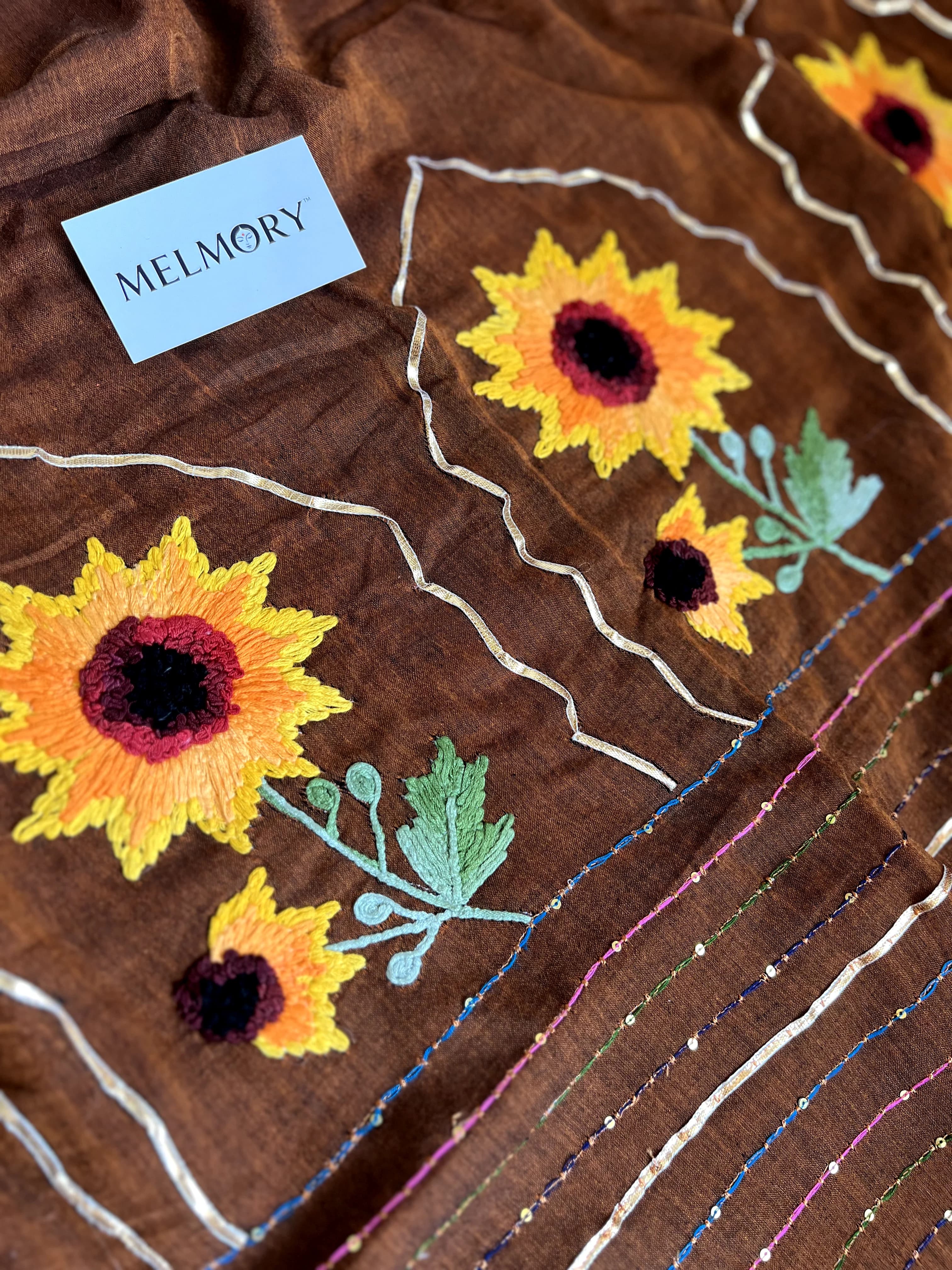 Sunflower Handstitched Embroidery Mul Saree - Rust Brown