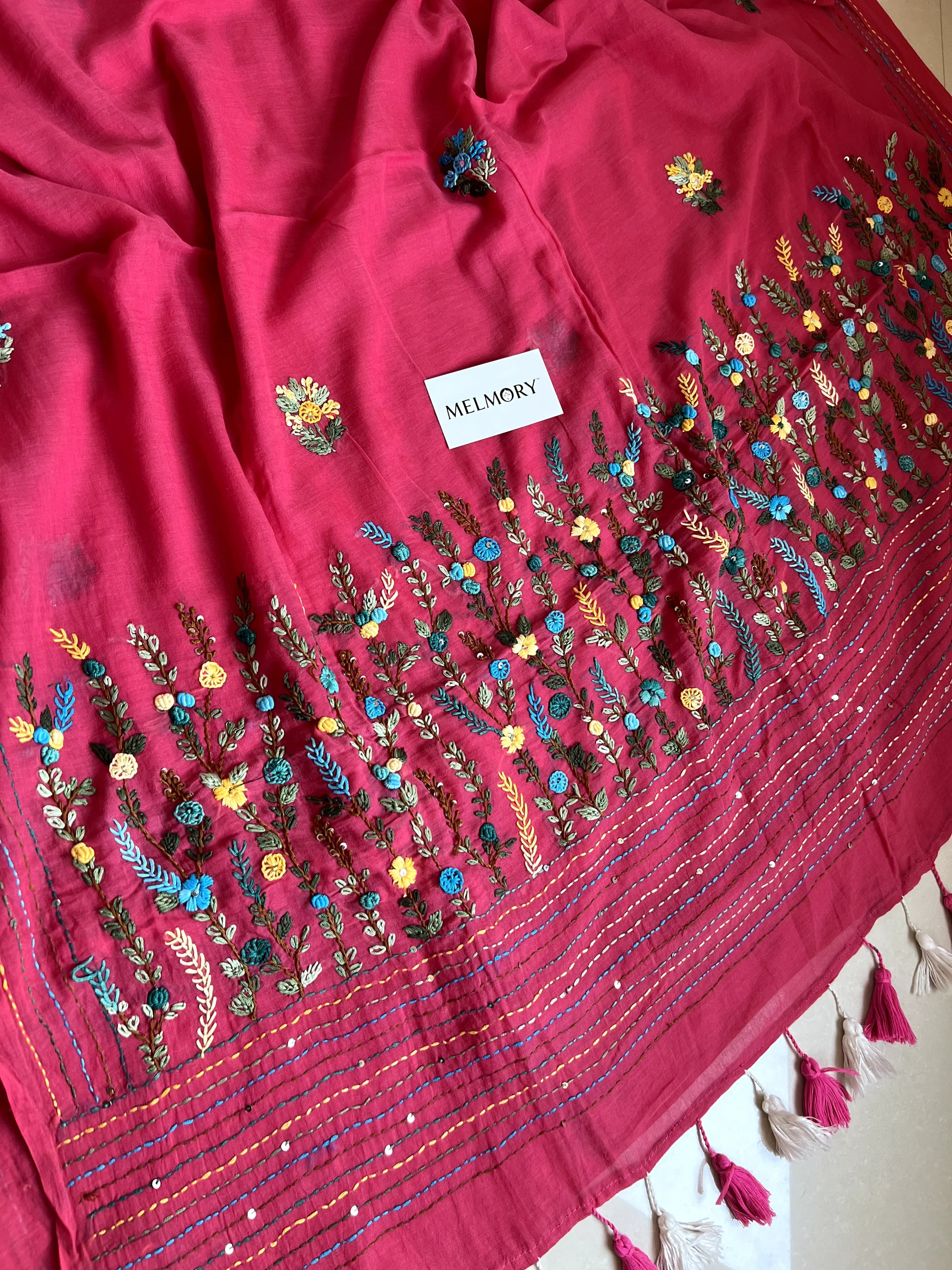 Bullion Stitch Embroidery Mul Saree - Deep Pink