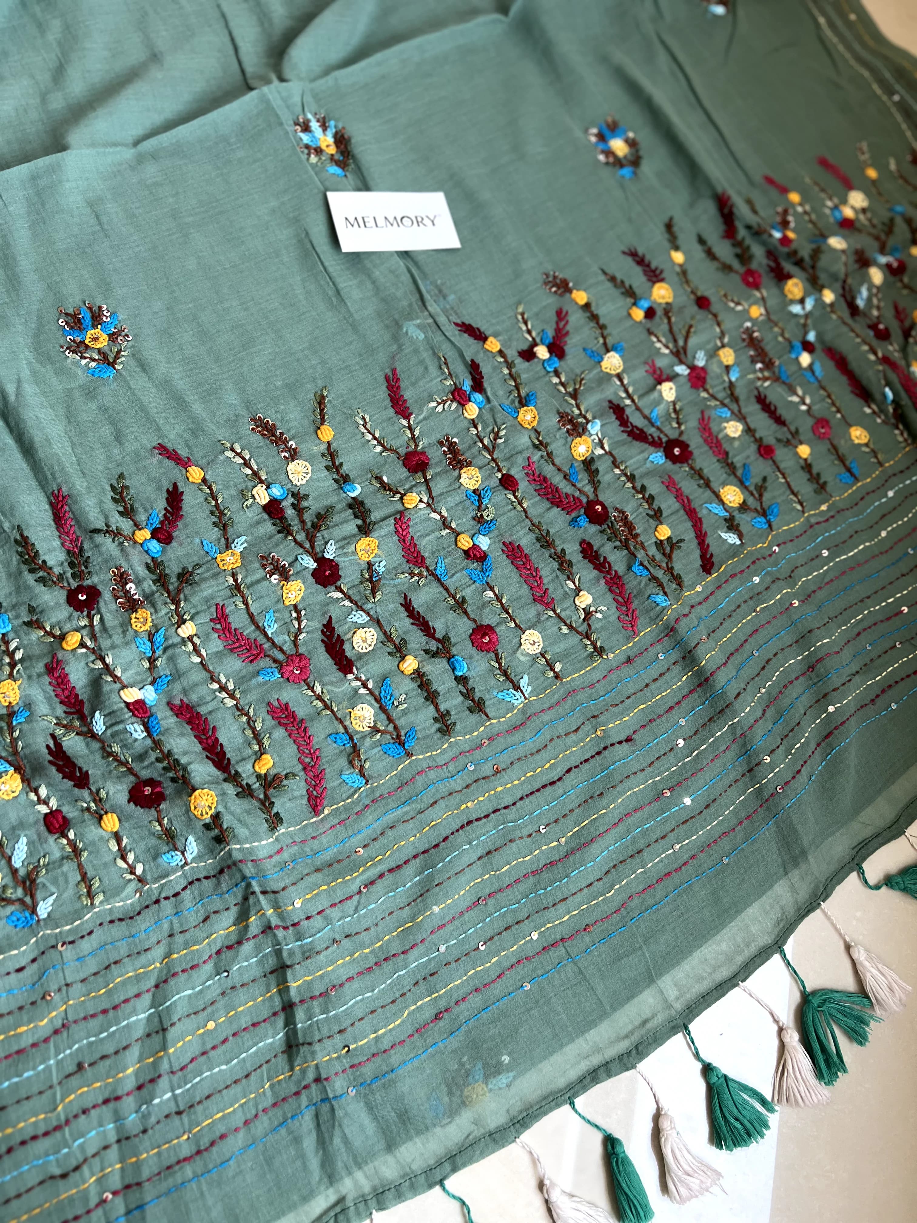 Bullion Stitch Embroidery Mul Saree - Sage Green