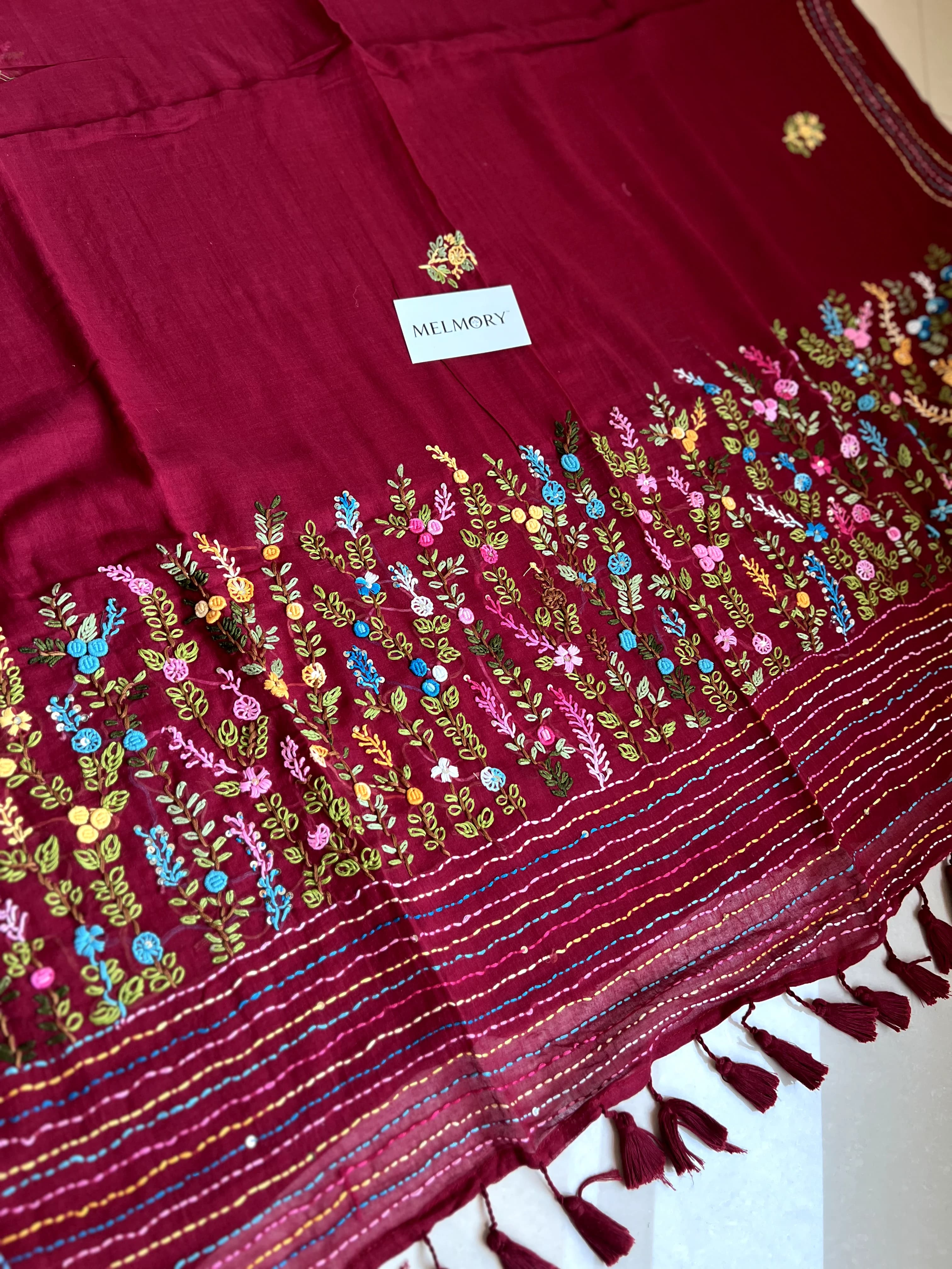 Bullion Stitch Embroidery Mul Saree - Deep Red
