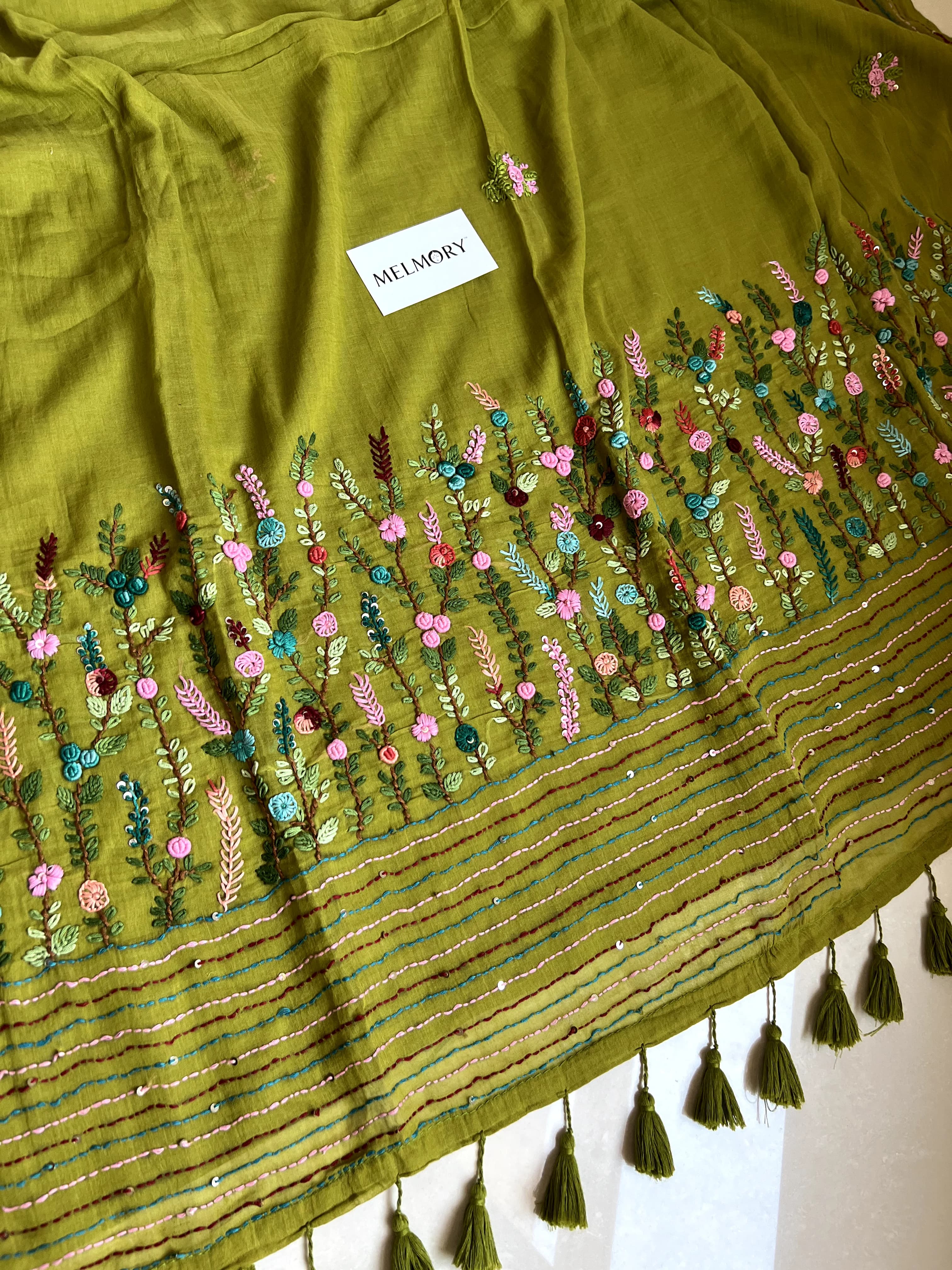 Bullion Stitch Embroidery Mul Saree - Olive Green
