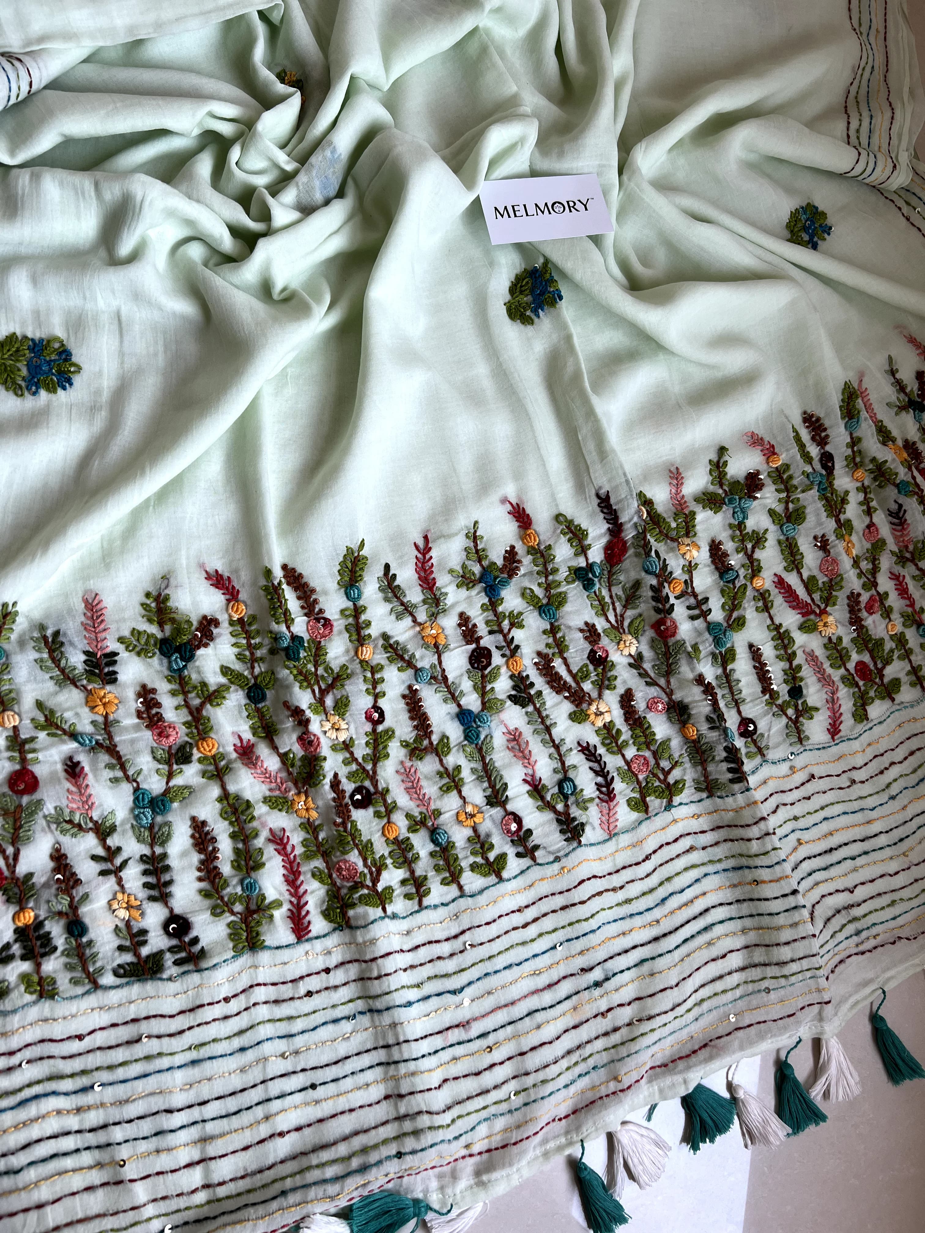 Bullion Stitch Embroidery Mul Saree - Pastel Mint Green